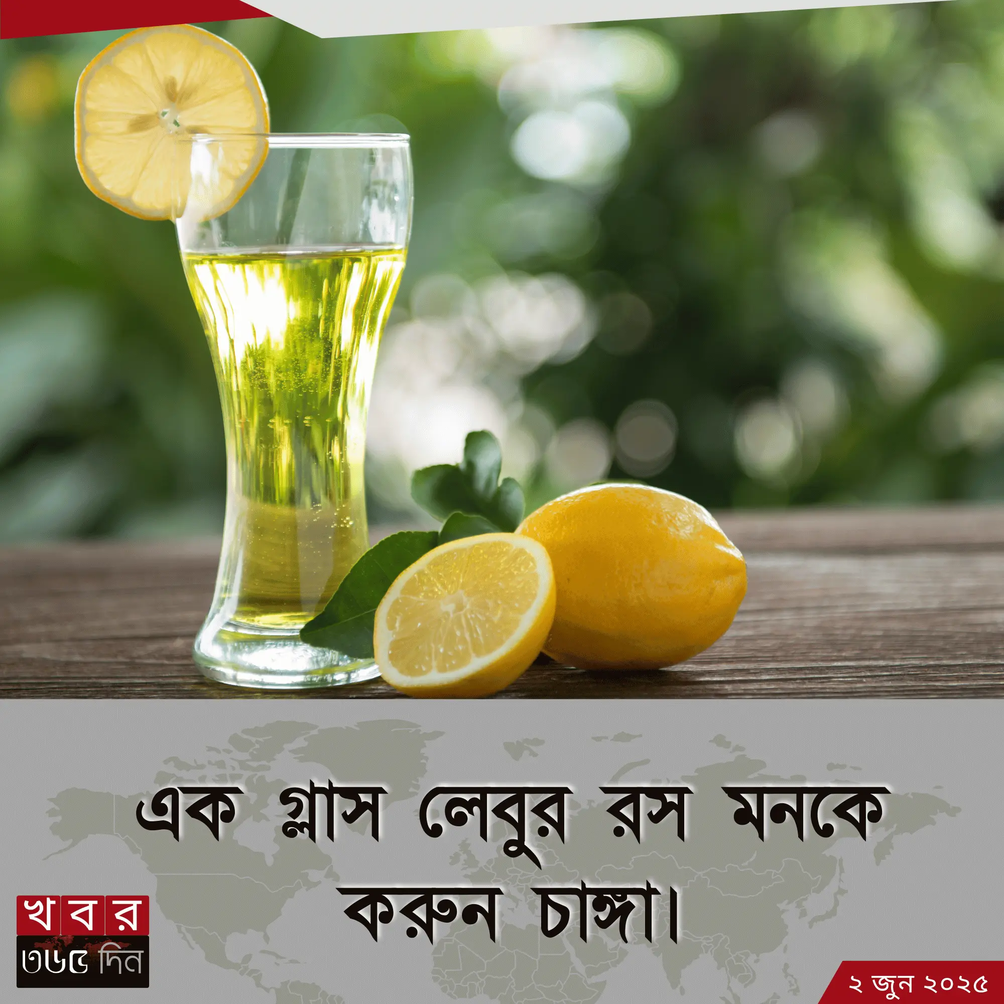 lemon juice একটি স্বচ্ছ গ্লাসে, পাশে তাজা লেবুর টুকরো